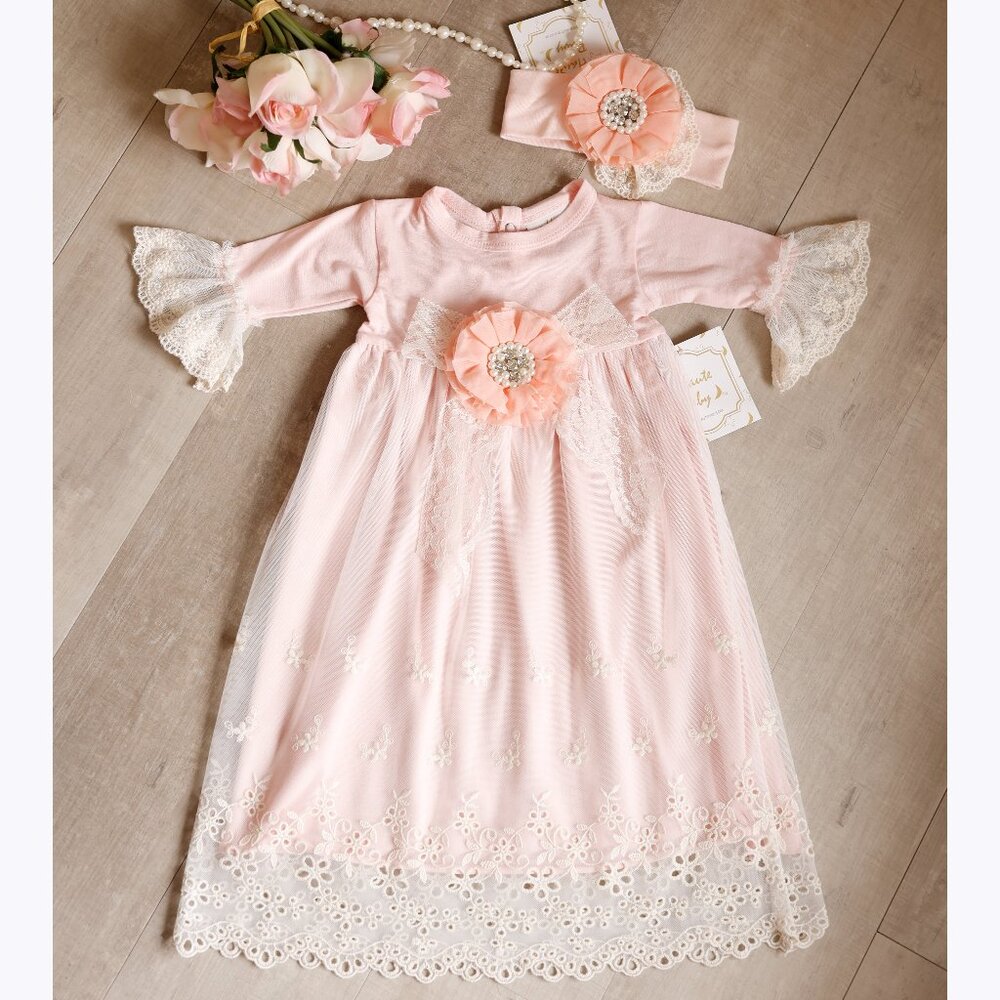 Newborn Gown & Headband Set Haute Baby Crocheted Lace Mesh Tulle Portrait NWT